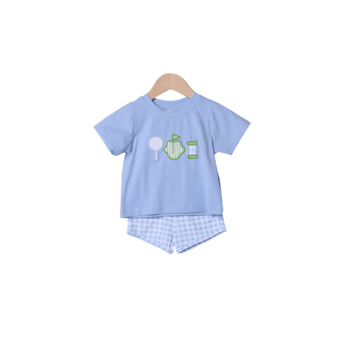 Applique Tee Time Blue Gingham Short Set