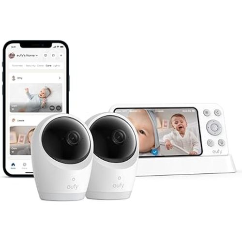 eufy Baby Monitor E21 with 2 4K UHD Cameras, 5'' 720p Display, Hybrid Wi-Fi and No Wi-Fi Connection, App and Monitor Control, Pan-Tilt, 8× Zoom, Portable Camera with Built-in Battery, ANR