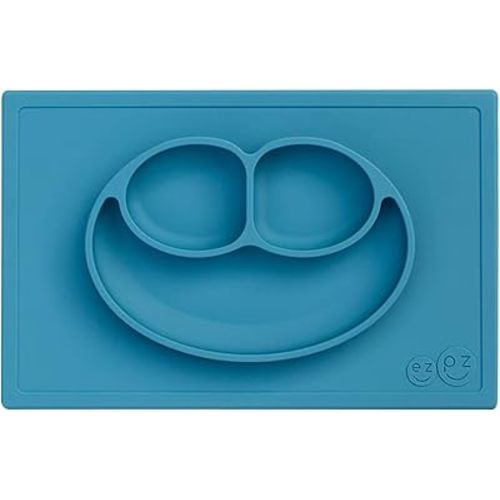 ezpz Happy Mat (Blue) - 24 Months+ - 100% Silicone Suction Placemat + Divided Plate with Three Compartments - Toddler + Preschool Essentials