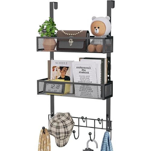 HapiRm Over The Door Hanger with Coat Hooks and 2 Baskets, Rustproof & Waterproof Over The Door Hooks, Storage Organizer for Hats, Bathroom, Kitchen, Bedroom-Black (for 1.76in Doors)