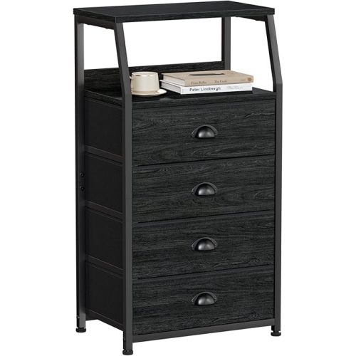 Furnulem Tall 4 Drawers Dresser, Vertical Storage Tower Black Dresser for Bedroom, Hallway, Entryway, Nursery, Closet Organizer, Nightstand Bedside Table Furniture, Sturdy Steel Frame, Wood Top