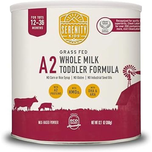 Serenity Kids 12-36 Months A2 Whole Milk Toddler Formula Powder - Organic Grass-Fed Milk Powder with Prebiotics & DHA & ARA for Brain & Eye Support - Clean Label Purity Award Certified - 21 Oz, 1 Pack