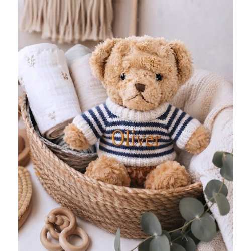 Personalized Teddy Bear, Custom Stuffed Animal with Striped Sweater, Name Plush for Baby, Newborn Keepsake Gift, Nautical Nursery Decor