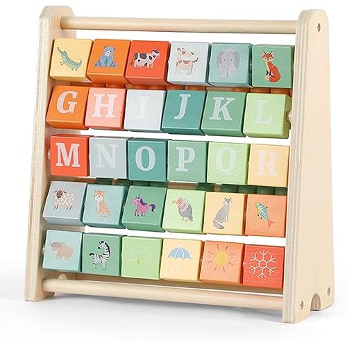 FReniland Wooden Activity Cube - Double-Sided Abacus & Alphabet Flip Tiles for Toddlers 18M+, Educational Counting Toy for Preschool and Homeschool Learning