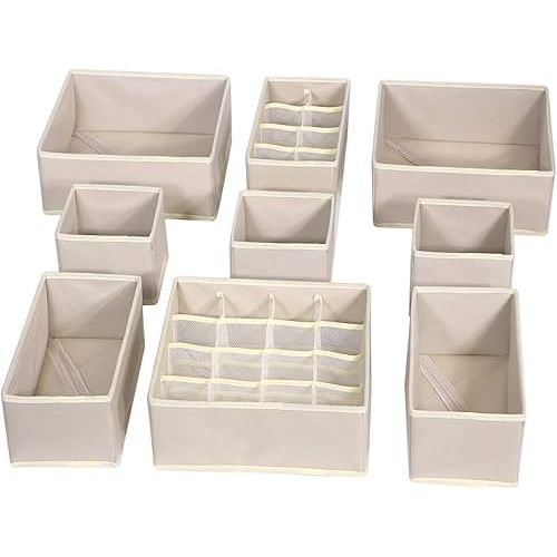 9 Pack Foldable Drawer Organizer Dividers Cloth Storage Box Closet Dresser Organizer Cube Fabric Containers Basket Bins for Underwear Bras Socks Panties Lingeries Nursery Baby Clothes Beige