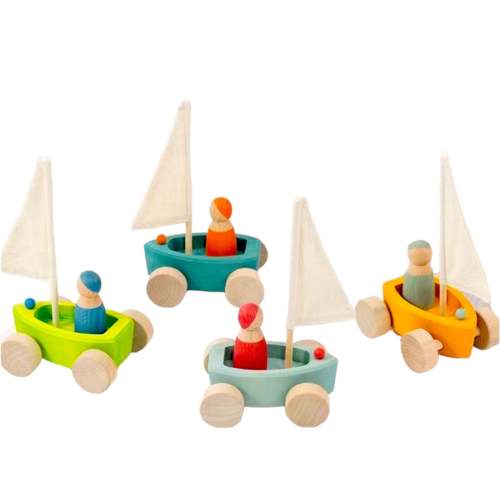 **Pre-order (Ships in 2-3 Weeks)**4 Pcs STAINED Wooden Land Yachts Set with 4 Peg Dolls