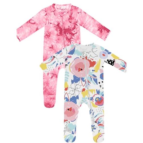 Jimonda Baby Girls Boys Footed Pajamas,Rayon From Bamboo,2 Way Zipper Long Sleeve Soft Sleeper Pjs,Infant Tie-dye Romper