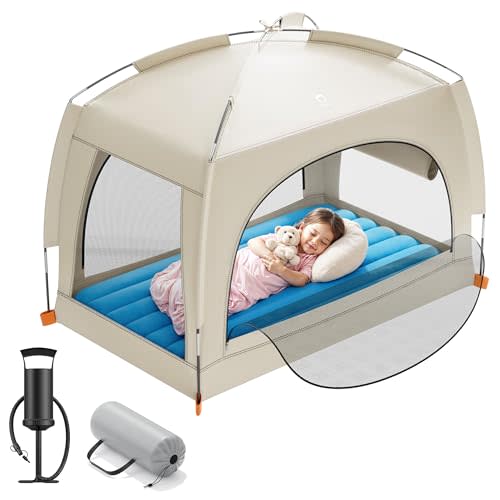 QPAU Inflatable Toddler Travel Bed with Tent – Lightweight Blow Up Kids Air Mattress with Hand Pump – Indoor & Outdoor Portable Sleeping Solution for Camping, Travel, Home, Grandma’s – Ages 3+