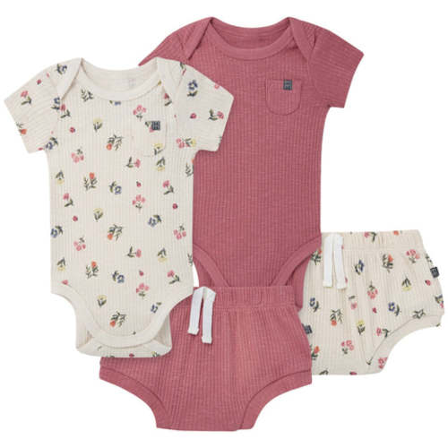 4-Piece Baby Girls Beige Garden Short Sleeve Bodysuits and Shorts Set