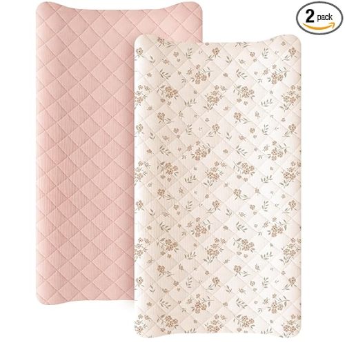 Konssy Waterproof Muslin Changing Pad Cover 2 Pack, Quilted Cotton Fitted Diaper Chang Table Cover, Soft Changing Pad Sheets for Girls Boys (Blossom,Pink)