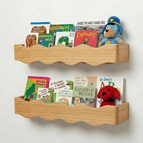 Ovalo Nursery Book Shelves Set of 2 - Solid Pine Wood Nursery Bookshelf, Floating Nursery Shelves for Wall, Wall Bookshelf for Kids Room, No-Assembly Wall Mounted Baby Book Shelf. (Natural Wood)