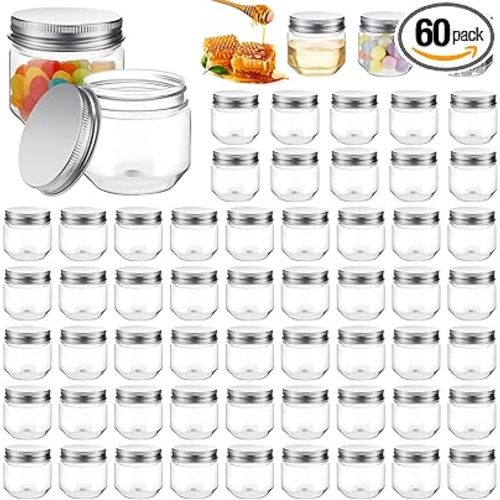 Tanlade 60 Pcs 3 oz Clear Plastic Jars with Lids Wide Mouth Mason Jars Mini Storage Containers Bulk for Herb Jelly Wedding Valentine Favors Shower Party Favors(Silver)
