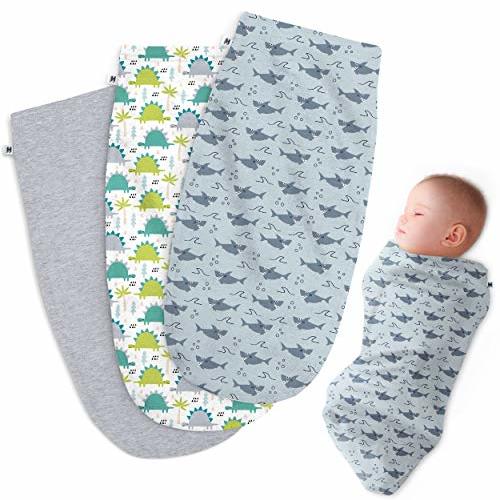 Henry Hunter Baby Swaddle Sack | The Simple Swaddle | Soft Stretchy Cotton Swaddles for Newborns | Baby Swaddles 0-3 Months, Swaddle Blankets for Baby Boy, Pack of 3, Dinosaur | Shark | Light Heather