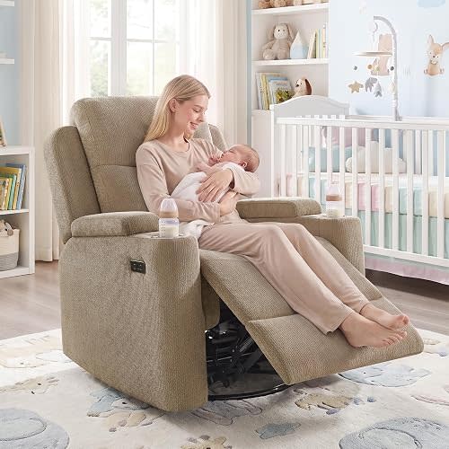 Arcrinte Power Nursery Glider Rocking Chair, Comfy Chenille Camel
