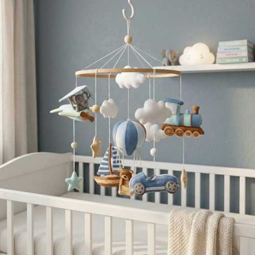 Handmade Vintage Travel Mobile – Teddy Bear & Teal Accents Nursery