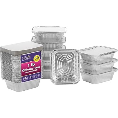 Nicole Home Collection Aluminum Pans With Lids - 50 Count - 1LB Oblong Pans (5"x4")- To Go Containers With Lids - Disposable Tin Foil Pans - Perfect For Catering, Meal Prep, Baking, Freezer Safe