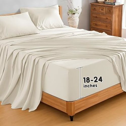 SONORO KATE 100% French Pure Linen Sheets, Extra Deep Pocket up to 18"-24", Breathable and Durable Linen Sheets, Anti-Tear Linen Bed Sheets, Machine Washable - 4 Piece (Natural Linen, King(24" deep))