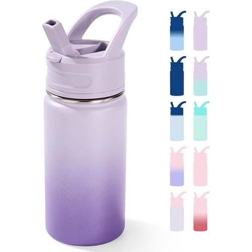 Fijinhom 12oz Kids Water Bottle for School, Toddler Bottles with Straws, Stainless Steel Vacuum Insulated Water Bottle for Boys&Girls, Leak-Proof, BPA-Free, Lavender