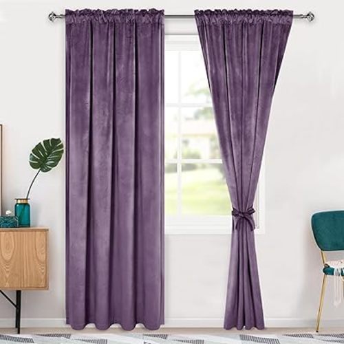 Hiasan Velvet Curtains 84 inch Blackout Rod Pocket Thermal Insulated Soft Curtains Room Darkening Window Drapes with Tiebacks for Bedroom Living Room, Set of 2 Panels, 42W x 84L, Lavender