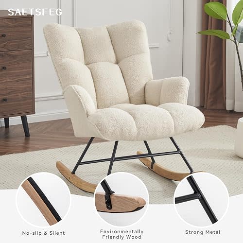 SAETSFEG Rocking Chair Nursery Teddy Upholstered Glider Rocker Rocking Accent Chair Padded Seat with High Backrest Armchair Comfy Side Chair for Living Room Bedroom Offices (Ivory Teddy)