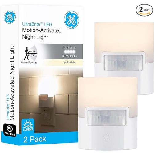 GE LED Motion Sensor Night Light, Plug into wall, 40 Lumens | Soft White, UL-Certified, Energy Efficient, Ideal Nightlight for Bedroom, Bathroom, Kitchen, Hallway, 46632, White, 2 Pack