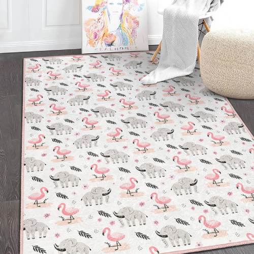 Pink Flamingo Kid's Room Rug|Elephant Design Nursery Carpet|Exotic Bird Kinderkarten Carpets|Machine Washable Rugs|Animal Floor Play Mat