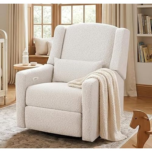 Power Recliner Chair Swivel Gilder Rocking Chairs Skin-Friendly Power Recliner Nursery Chair for Adults with Waist Pillow, USB Charging (Beige, Only Recliner Chair)