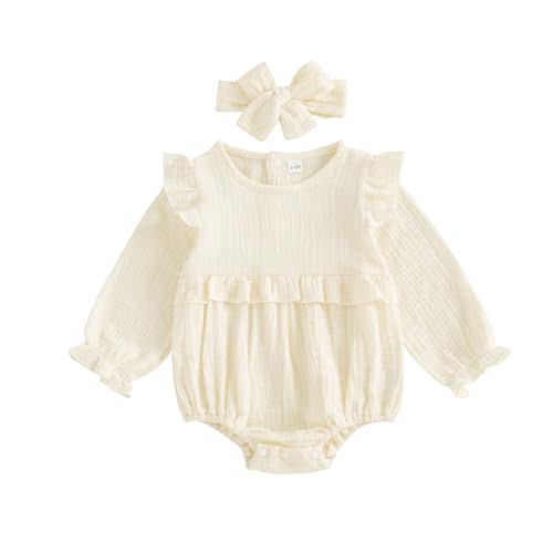 Newborn Infant Baby Girl Clothes Cotton Linen Long Sleeve Smocked Bubble Romper Ruffle Bodysuit Jumpsuit Fall Outfit