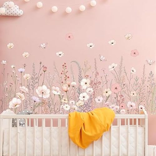 2 Pack Floral Baseboard Wall Stickers - Removable Peel & Stick Decals (3 Styles: Reeds, Flowers, Dandelions) - DIY Home Decor for Kids Girls Walls, Nursery, Classroom Wall Corner (Flower)