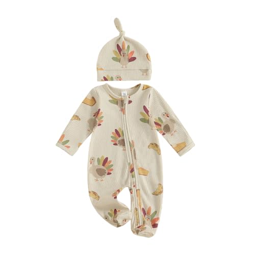 Newborn Baby Girl Boy Thanksgiving Outfit Turkey Print Long Sleeve Footed Romper Zip Jumpsuit Cute Fall Clothes