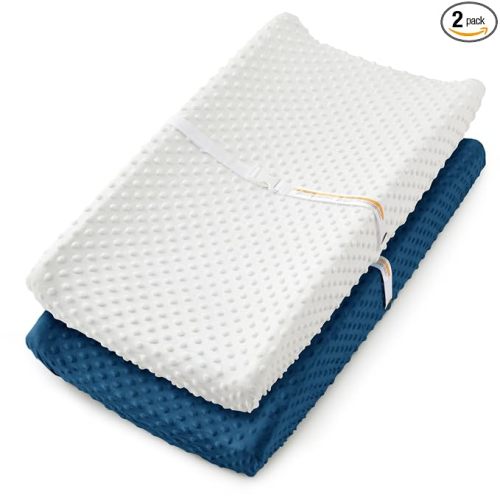 Homiest 2 Pack Changing Pad Cover, White + Light Navy Blue Changing Table Sheets, Ultra Soft Fleece Minky Dot Fabric, Breathable Comfortable Diaper Pad Cover for Girls and Boys, Machine Washable