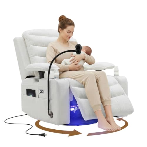 Olela Power Glider Recliner Nursery Chair, Swivel Rocking Chair, Chenille | with Electric Lumbar Support, USB Charging, Smart Cup Holder, Light, Adjustable Armrest, Wireless Phone Charger Holder