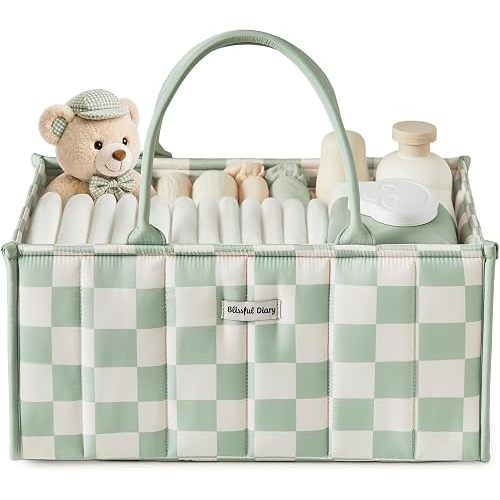 Blissful Diary Gingham Diaper Caddy Organizer, Nursery Storage, Light Green