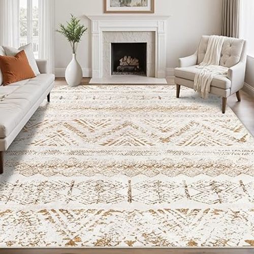 Area Rug Living Room Carpet: 8x10 Large Moroccan Soft Fluffy Geometric Washable Bedroom Rugs Dining Room Home Office Nursery Low Pile Decor Under Kitchen Table Light Brown/Ivory