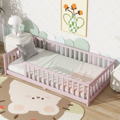 Whisen Twin Bed & Rubber Wood Floor Bed with Fence without Door, Multi - Functional Floor Bed for Kids' Sleep & Play - Pink