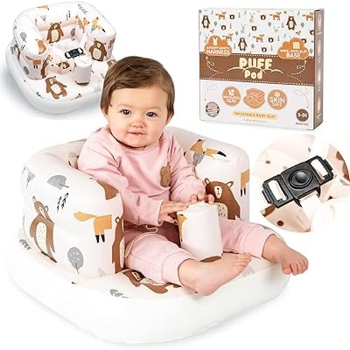 Inflatable Chair for Baby with Safety Harness, Built-in Pump & Non-Slip Base – Infant Sit Up Seat for 3-36 Months, Portable Blow Up Baby Chair for Travel, Easy to Clean