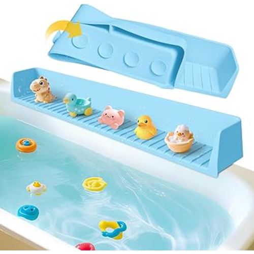 Silicone Bathtub Water Guard for Kids, Longer Play Tub Shelf with 11 Suction Cups, Toy Tray Caddy Holder Attaches to Bathtub Ledge, Prevents Water Spills in Bathroom, Fun Bath Time Storage (Baby Blue)