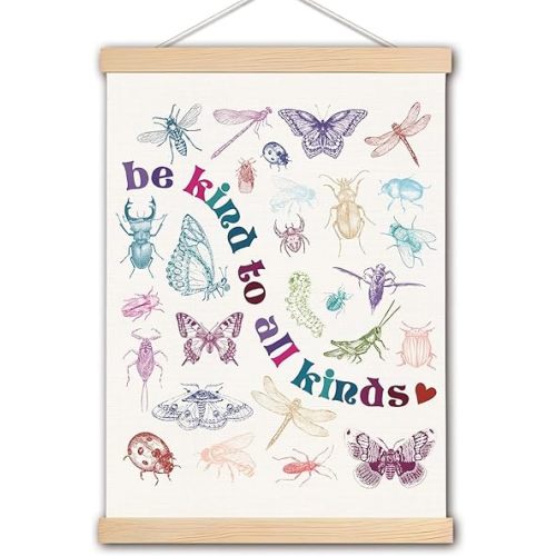 DNEULYR Colorful Insect Canvas Wall Art, Boho Entomology Bugs Wall Decor, Be Kind to All Kinds Inspirational Prints Poster for Kids Bedroom Nursery Playroom Classroom, 12x16 Inches