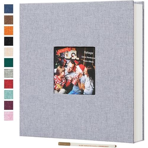Spbapr Large Photo Album Self Adhesive 3x5 4x6 5x7 8x10 Pictures Magnetic Scrapbook 40 Blank Pages Linen Cover DIY Album with A Metal Pen Light Gray