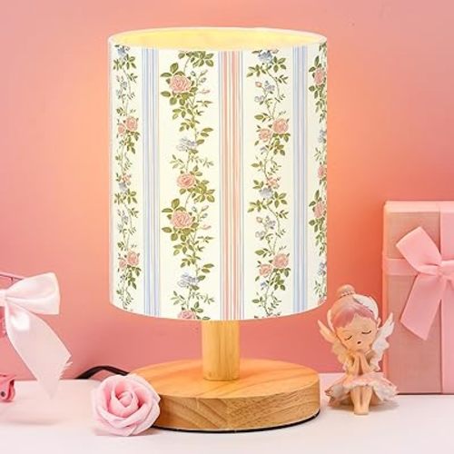 VIHOSE Preppy Kids Table Lamp for Bedroom Kids Bedside Lamp with Linen Wooden Nightstand Cartoon Nursery Lampshade for Girls Boys Living Room