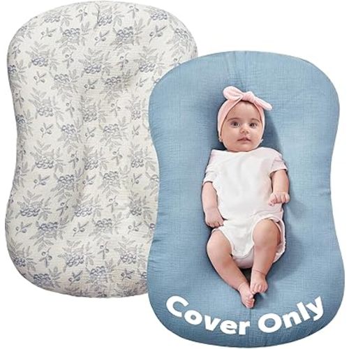 FUNUPUP Muslin Baby Lounger Cover Only Compatible with Snuggle Me Lounger, Infant Pillow Cover for Newborn, Removable Nest Slipcover for Boys and Girls, Only Cover, Blueberries & Blue