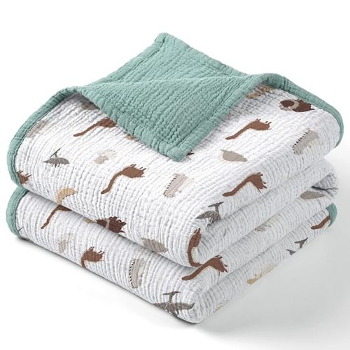 lulumoon Muslin Baby Blanket for Boys: Soft Cotton Toddler Blanket with Dinosaur - Reversible Lightweight Crib Bedding for Stroller & Daycare 47"x47"(Sage Dinosaur)
