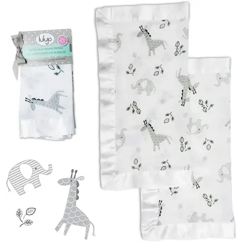 lulujo Baby Security Lovey Blankets| Cotton Muslin Security Blanket with Silky Satin Trim