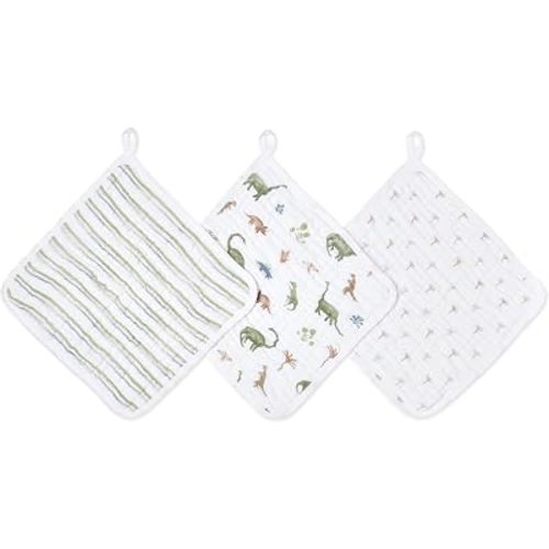 aden + anais Essentials Classic Washcloth Set, Super Soft 100% Cotton Muslin, 3-Pack, Dino Jungle