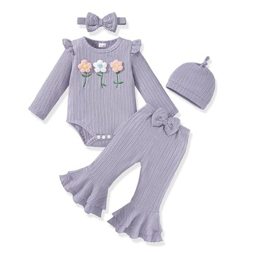 Vibebox Baby Girl Clothes Fall Winter Coming Home Outfits Preemie-12 Months | Newborn Girls Long Sleeve Ruffle Romper Bell Bottom Pants, Infant Clothing Sets Headband Hat, Snap Closures for Easy Changes