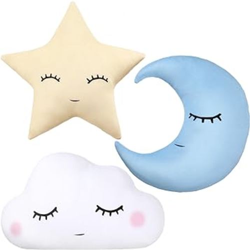 Chunful 3 Pcs Children Moon Star Cloud Cushion Soft Plush Cloud Shaped Pillow Stuffed Stars and Moon Nursery Decor Home Decor for Bedroom Crib Party Supplies (Blue Yellow White)