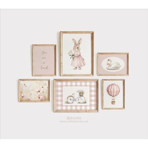 Pink Nursery Gallery Wall Set, Baby Girl Room Decor, Vintage Kids Room Decor, Girls Gallery Art, Antique Nursery Prints, Digital Download