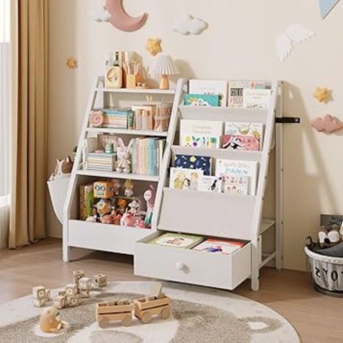 Kids Bookshelf and Toy Storage Organizer, Kids Bookcase Montessori 3 Tier Baby Toddler Sling Book Shelf with Drawer Pockets for Kids Room, Nursery, Playroom, Bedroom, White