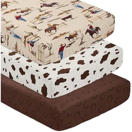 Sweet Jojo Designs Tan Brown Western Cowboy Boy Baby Fitted Crib Sheet Set Infant Newborn Nursery Toddler Bed Room Standard Mattress 3p Wild West Horseshoe Cow Print Southern Country Horse Animal