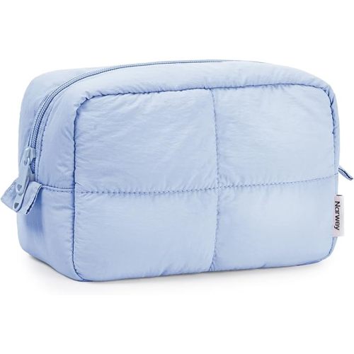 Narwey Puffy Makeup Bag for Travel Women Girl, Quilted Makeup Bag Cosmetic Bag, Cute Puffer Make Up Organizer Bags, Travel Toiletry Bag Toiletries (Blue)